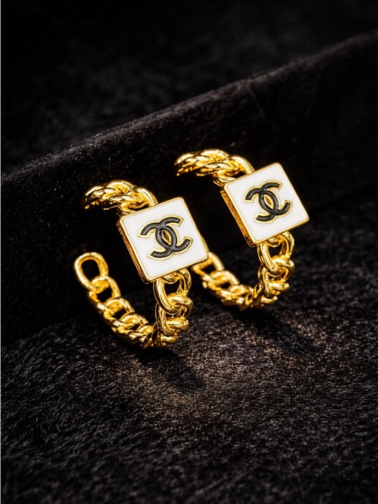 Fashion Jewelry Jewelry - Luxury 18K Gold and White Chain Hoop Earrings with Chanel Logo Plaques